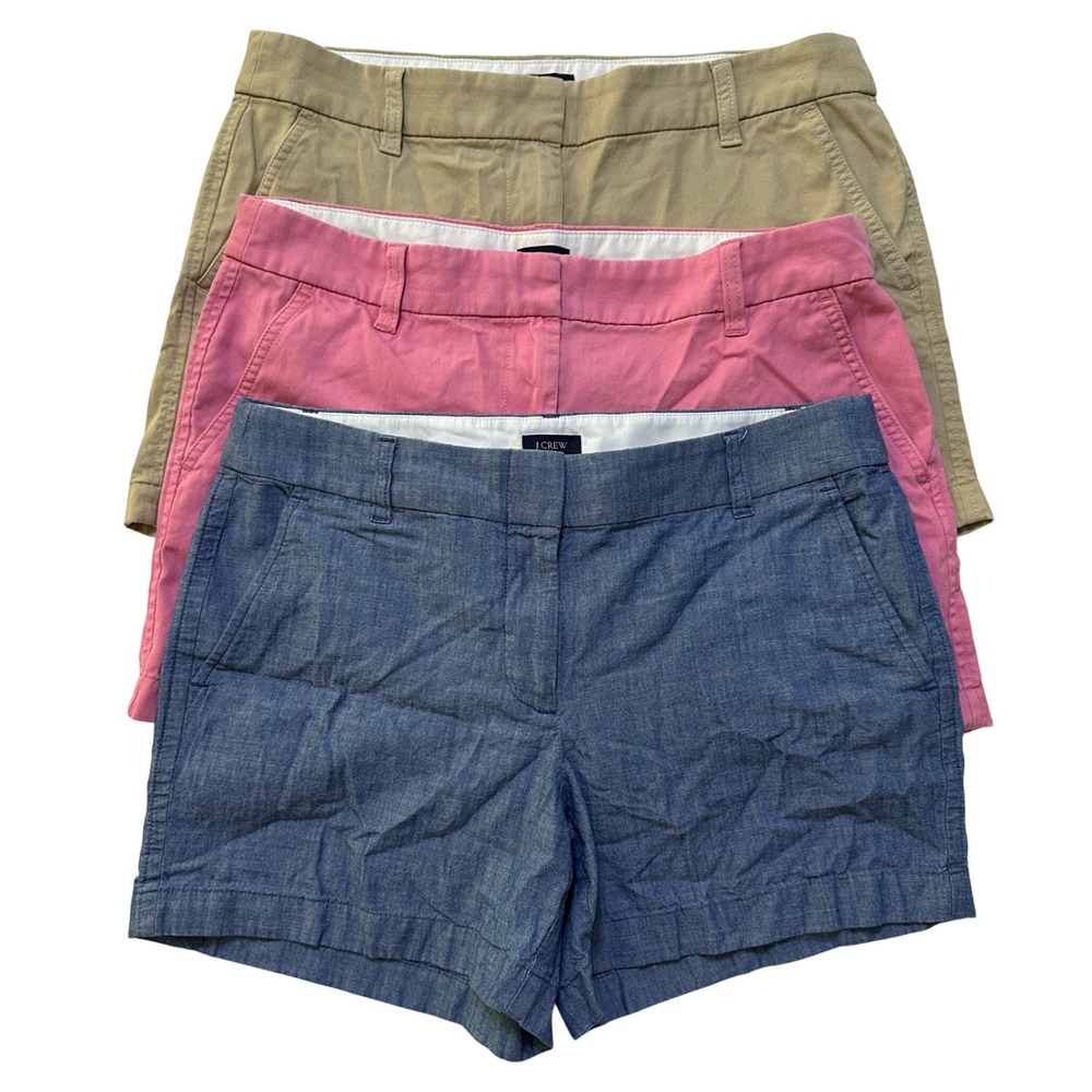 3 pairs of J.Crew Chino Shorts Size 8 Pink Tan Blue Chambray 5" Preppy Hampton